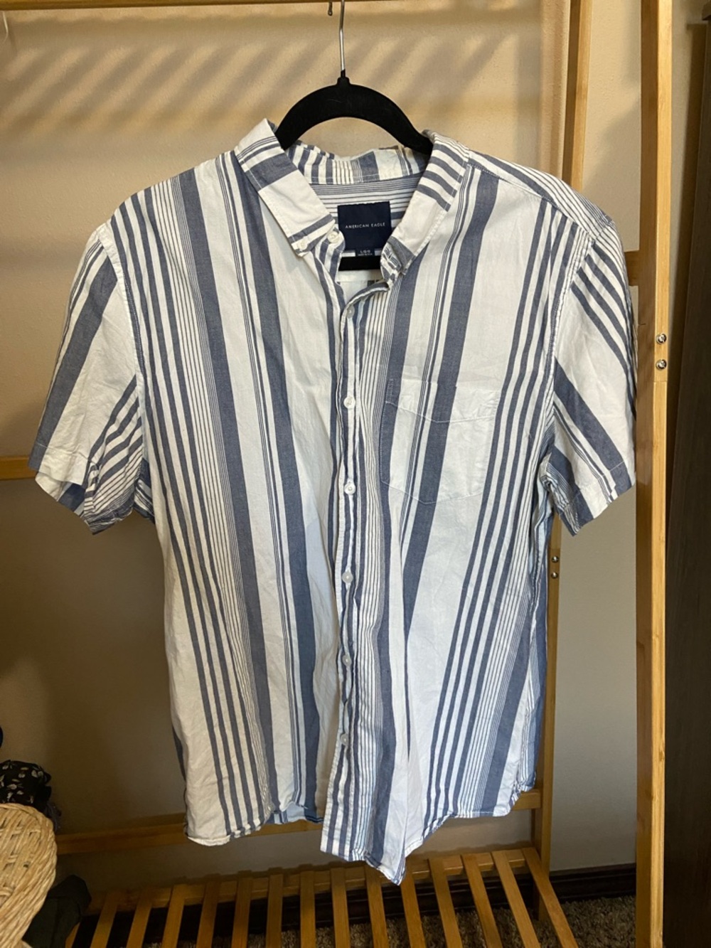 American Eagle Outfitters Short-Sleeve Button-Up in White & Blue Stripe